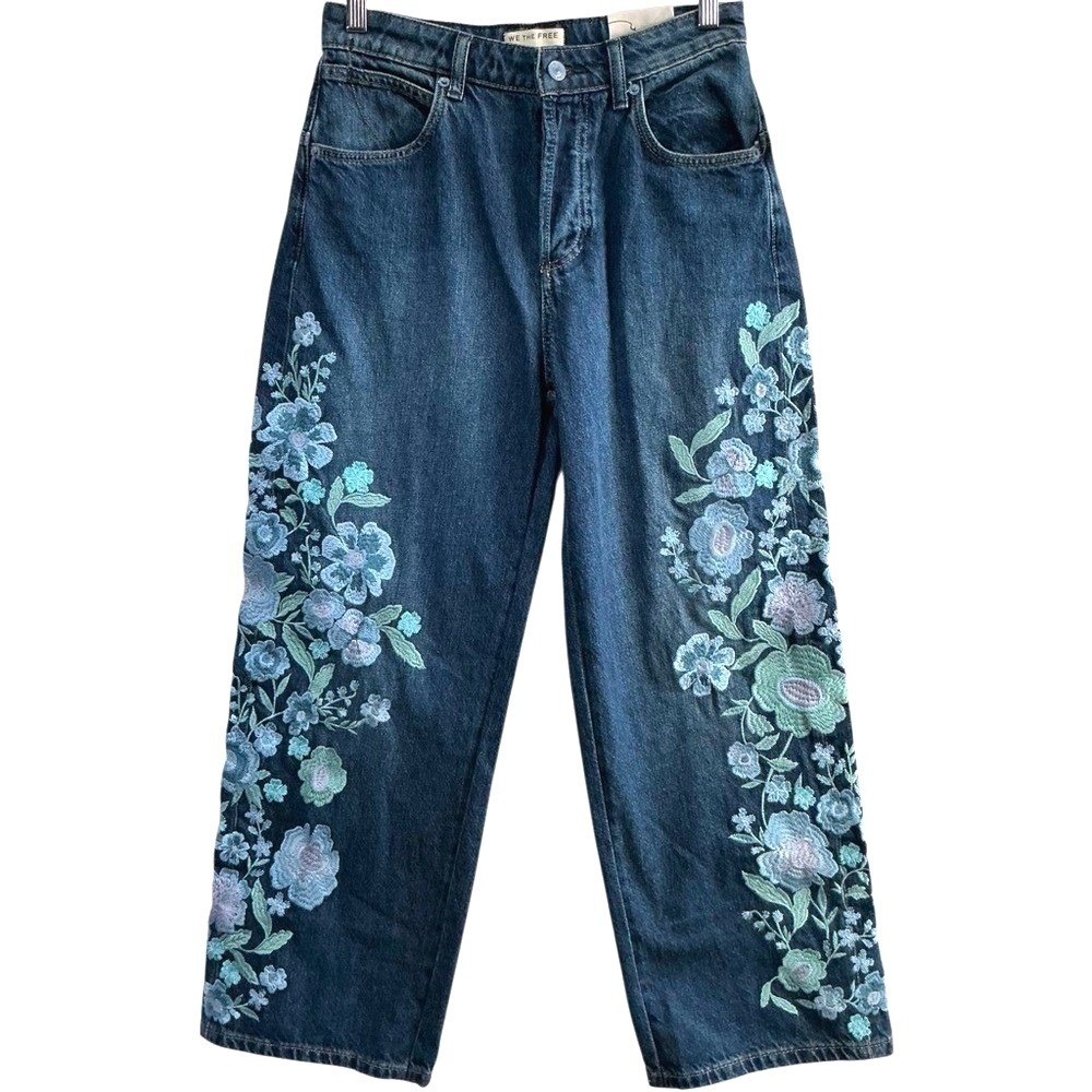 NWT We The Free People Willow Blue Floral Embroidered Slouchy Boyfriend Jeans 26